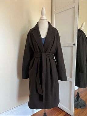 H&M Dark Espresso Brown Belted Classic Wrap Coat Long Trench Jacket Large